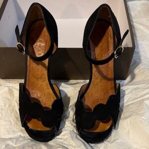 Chie Mihara Black Scalloped Ankle Strap Heels